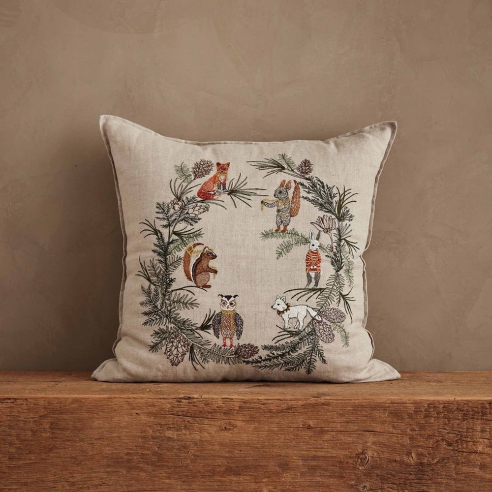 Coral & Tusk Tree Trimmer wreath embroidered linen pilllow